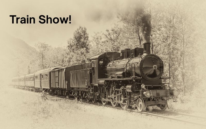 Vintage steam locomotive emitting smoke, pulling a series of passenger cars through a forest. Text "Train Show!" evokes a nostalgic tone.