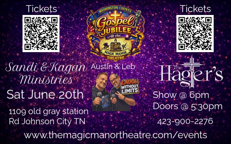 Gospel Jubilee event flyer with purple starry background. Features QR codes for tickets, "Sandi & Kagan Ministries," and "Austin & Leb." Show on June 20th, 6 PM.