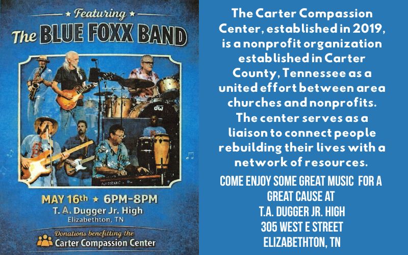 Concert poster featuring the Blue Foxx Band performing at T.A. Dugger Jr. High on May 16th. Benefits the Carter Compassion Center. The background includes a photo of the band with guitars and drums. Event details and location are highlighted in blue text.