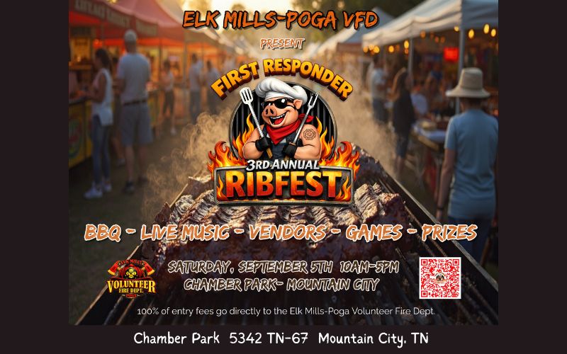 Event poster for the 3rd Annual Ribfest by Elk Mills-Poga VFD. Features BBQ, live music, vendors, games, and prizes on Sept 5th at Chamber Park, Mountain City, TN. A cartoon pig chef is central, surrounded by flames, conveying a lively, festive atmosphere.