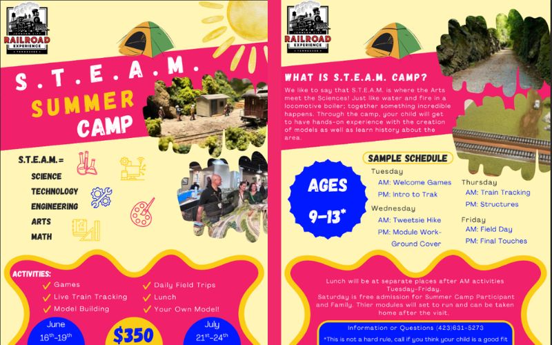 Flyer for S.T.E.A.M. Summer Camp at the Railroad Experience. Features colorful graphics, photos of campers, and details about activities. Highlights include games, live train tracking, and model building. The camp is for ages 9-13, with sessions in June and July. Sample schedule lists various activities like welcome games and field days. Contact info is provided at the bottom.
