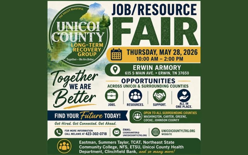 Unicoi County Job/Resource Fair flyer for May 28, 2026, at Erwin Armory, highlighting opportunities, jobs, resources, support, and networking