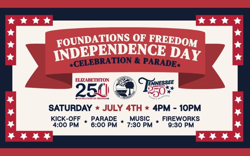 Foundations of Freedom Independence Day Celebration & Parade in Elizabethton, TN flyer with patriotic background. Saturday, July 4th, 4 PM - 10 PM. Kick-off at 4:00 PM, Parade at 6:00 PM, Music at 7:30 PM, Fireworks at 9:30 PM.