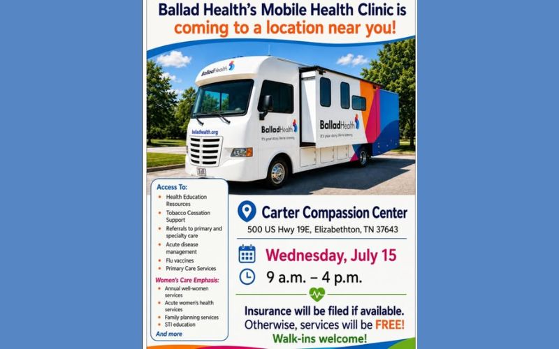 Flyer promoting Ballad Health's Mobile Health Clinic. The flyer features a photo of the Ballad Health mobile medical clinic parked outdoors and announces it is coming to a location near you. The clinic will be at the Carter Compassion Center, 500 U.S. Highway 19E, Elizabethton, Tennessee 37643, on Wednesday, July 15, from 9:00 a.m. to 4:00 p.m. Services include health education, tobacco cessation support, referrals to primary and specialty care, acute disease management, flu vaccines, primary care, and women's health services such as annual well-woman exams, family planning, STI education, and acute women's health care. Insurance will be billed if available; otherwise, services are free. Walk-ins are welcome.