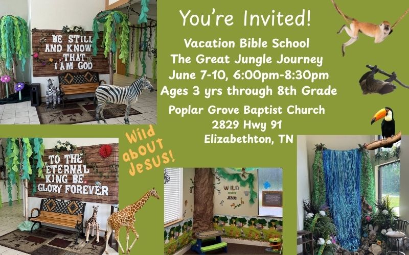 Vacation Bible School invitation with a jungle theme, event details, and playful animal decorations, including signs reading "Be Still and Know That I Am God" and "To the Eternal King Be Glory Forever.
