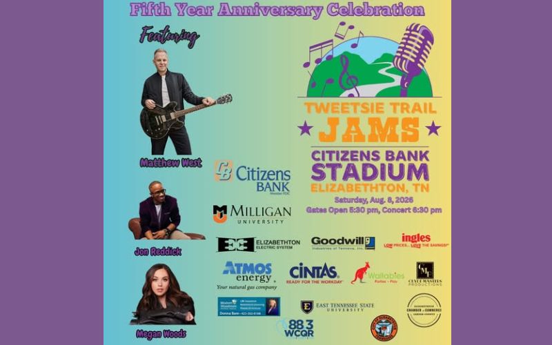 Fifth Year Anniversary Celebration featuring Matthew West, Jon Reddick, and Megan Woods at Citizens Bank Stadium in Elizabethton, TN on Saturday, August 6, 2022. Doors open at 5:30 PM and concert starts at 6:30 PM.