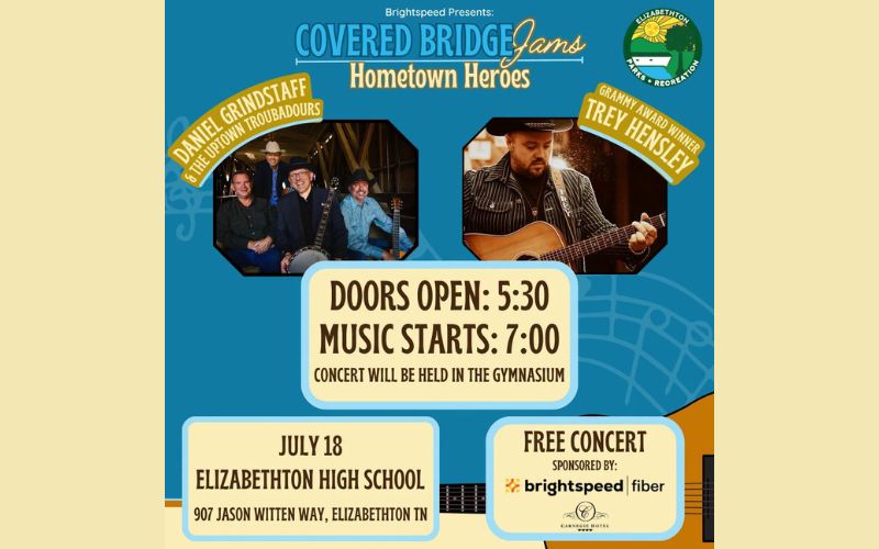 Promotional poster for the Covered Bridge Jams: Hometown Heroes concert presented by Brightspeed. The flyer features photos of Daniel Grindstaff & The Uptown Troubadours and Grammy Award winner Trey Hensley. The concert will be held on July 18 at Elizabethton High School, 907 Jason Witten Way, Elizabethton, Tennessee. Doors open at 5:30 p.m., and the music begins at 7:00 p.m. The concert will take place in the school gymnasium. The event is free to attend and is sponsored by Brightspeed Fiber, with the Elizabethton Parks and Recreation logo displayed in the upper right corner.