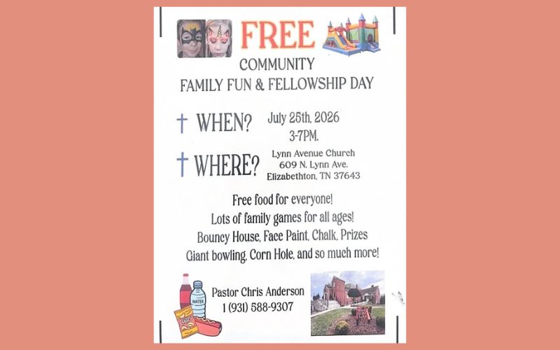 Flyer for a free community family fun day at Lynn Avenue Church on July 25, 2026, featuring face painting, a bouncy house, games, and free food.