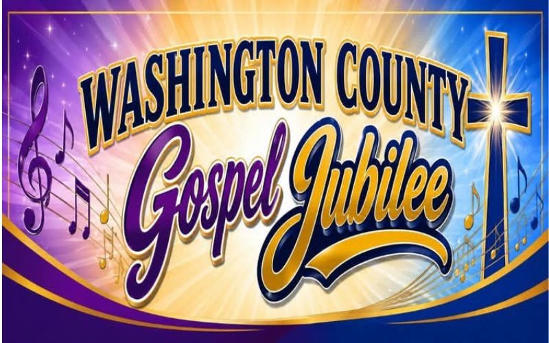 A vibrant banner for the Washington County Gospel Jubilee featuring bold text, musical notes, and a glowing cross against a purple and gold background.