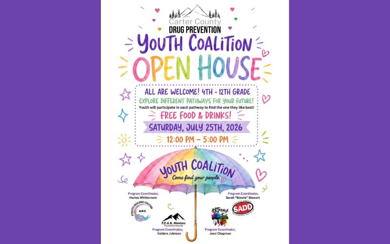 Colorful flyer for the Carter County Drug Prevention Youth Coalition Open House. The hand-drawn design features bright lettering, stars, hearts, and a rainbow-colored umbrella with the words "Youth Coalition – Come find your people." The event welcomes students in 4th through 12th grade to explore different pathways for their future. Free food and drinks will be provided. The open house will take place on Saturday, July 25, 2026, from 12:00 p.m. to 5:00 p.m. Logos for the Carter County Drug Prevention Coalition, ARC, P.E.A.K. Mentors, ATFreach, and SADD appear at the bottom, along with the names of the program coordinators.