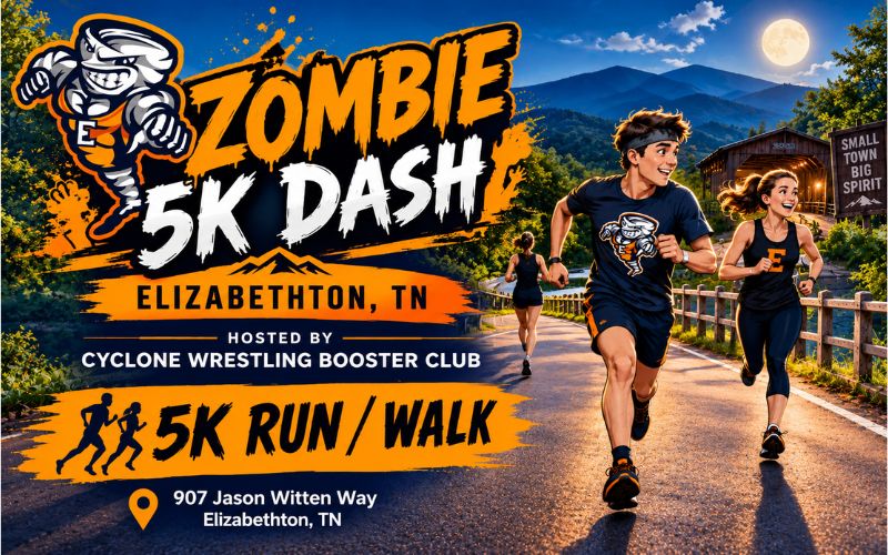 “Promotional graphic for a Zombie Dash 5K Run/Walk featuring the event logo, a runner on a scenic outdoor trail, and colorful event-themed graphics. The design is clean and family-friendly with no scary imagery.”