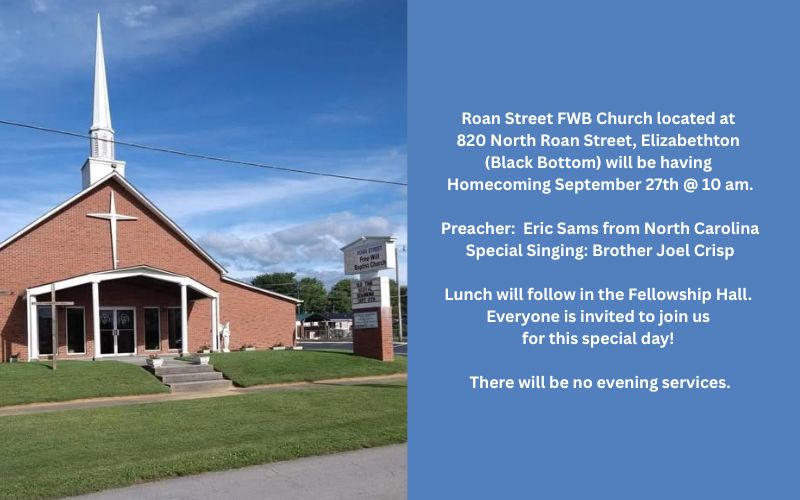 A brick church with a white steeple and cross next to a sign announcing a homecoming event on September 27th at 10 am with lunch to follow.